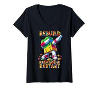 Donna Rebuild Reimagine Restart Funny Brick Master Builder Dabbing Maglietta con Collo a V