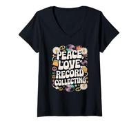 Donna Record Collector 60s 70s Retro Peace Love Record collezionare Maglietta con Collo a V