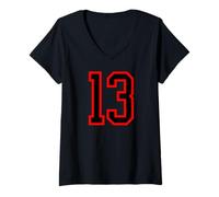 Donna Red Black Sports Team Number #13 Maglietta con Collo a V