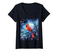 Donna Red Cardinal Bird Blue Starry Night Pink Floral Sky Flower Maglietta con Collo a V