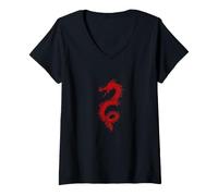 Donna Red Chinese Mitical Dragon Calligrafia/Tai Chi Design Maglietta con Collo a V