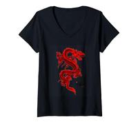 Donna Red Chinese Mitical Dragon Calligrafia/Tai Chi Design Maglietta con Collo a V