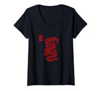 Donna Red Chinese Mitical Dragon Calligrafia/Tai Chi Design Maglietta con Collo a V