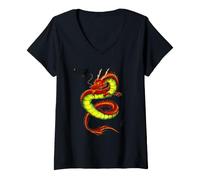 Donna Red Chinese Mitical Dragon Calligrafia/Tai Chi Design Maglietta con Collo a V
