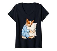 Donna Red Heeler Che Dorme in Pigiama Carino Cane Che Dorme Maglietta con Collo a V