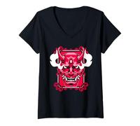 Donna Red Oni Mask Giapponese Demone Spirit Art Maglietta con Collo a V