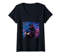 Donna Red Panda Cyberpunk Rider Motociclista Synthwave Maglietta con Collo a V