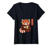 Donna Red Panda Gamer Ukiyo-e Giapponese con tè Boba Maglietta con Collo a V