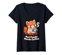 Donna Red Panda Needs Coffee Red Panda Girls Kids Maglietta con Collo a V