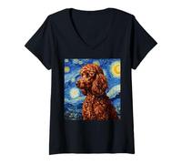 Donna Red Poodle Dog Van Gogh Style Starry Night Maglietta con Collo a V