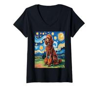 Donna Red Poodle Dog Van Gogh Style Starry Night Maglietta con Collo a V