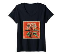 Donna Red Spider Lily Retro Giappone Floreale Vintage Fiori Giapponesi Maglietta con Collo a V