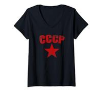 Donna Red Vintage Style CCCP Logo Soviet Union Russia Maglietta con Collo a V