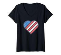 Donna Red, White, and Blue American Flag Heart Love the USA Maglietta con Collo a V