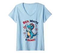 Donna Red White and Rawr Dinosaur T Rex 4 luglio per bambini Maglietta con Collo a V