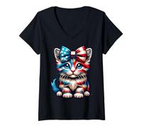 Donna Red White Blue Kitten Cat Bow 4 luglio patriottico felino regalo Maglietta con Collo a V