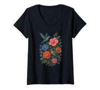 Donna Regali floreali colibrì per donne Bird Watcher Flower Maglietta con Collo a V