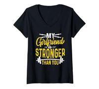 Donna Regalo divertente per sollevamento pesi con scritta in inglese "My Girlfriend Is Stronger Than You Maglietta con Collo a V