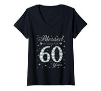 Donna Regalo per 60° compleanno da donna con scritta "Blessed by God For 60 Years Old Maglietta con Collo a V