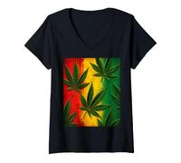 Donna Reggae Rasta Cannabis Leaf Pattern Rosso Giallo Verde Vibes Maglietta con Collo a V