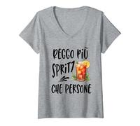 Donna Reggo più Spritz Che Persone Grafica Divertente Ironica Maglietta con Collo a V, Grigio Melange, L