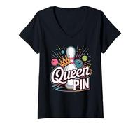 Donna Regina Pin Shirt Bowler Bowling League per Le Regine del Bowling Maglietta con Collo a V