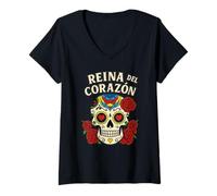 Donna Reina del Corazon, Regina dei Cuori, Design Messicano Pride Maglietta con Collo a V
