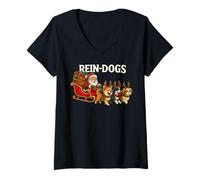 Donna Reindogs - Simpatici Cani da Slitta, Babbo Natale Maglietta con Collo a V