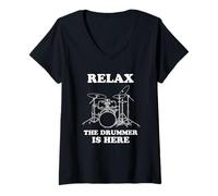 Donna Relax The Drummer is Here- Funy Drumming Maglietta con Collo a V