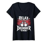 Donna Relax The Drummer Is Here Musical per Musicisti di Batteria Maglietta con Collo a V
