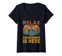 Donna Relax The Drummer Is Here Musical per Musicisti di Batteria Maglietta con Collo a V