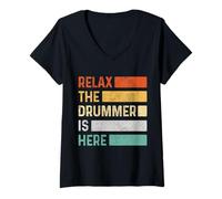 Donna Relax The Drummer Is Here Vintage Funny Drums Maglietta con Collo a V