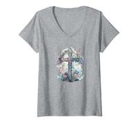 Donna Religious Faith Hope And Love Christian Cross with Flowers Maglietta con Collo a V