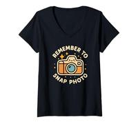 Donna Remember to Snap Photo Carino Funny Camera Personaggio Maglietta con Collo a V