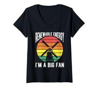 Donna Renewable Energy I'm A Big Fan Mulino a Vento Retro Tramonto Maglietta con Collo a V