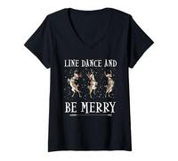 Donna Renna Natale Dancing Line Dance And Be Merry Festive Maglietta con Collo a V