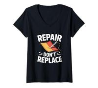 Donna Repair Dont Replace Rammendo Visibile Moda Sostenibile Maglietta con Collo a V