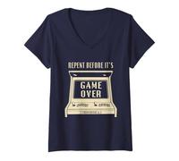 Donna Repent Before It's Game Over - Retro Arcade Game Christian Maglietta con Collo a V