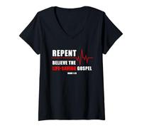 Donna Repent, Believe The Life-Saving Gospel - Heartbeat EKG Faith Maglietta con Collo a V