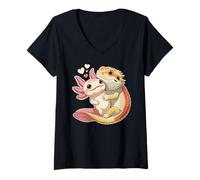 Donna Reptile Keeper Pet Owner Cute Bearded Dragon Hugging Axolotl Maglietta con Collo a V