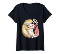 Donna Reptile Keeper Pet Owner Cute Bearded Dragon Hugging Axolotl Maglietta con Collo a V