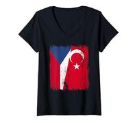 Donna Repubblica Ceca Turchia Half Flag Turkiye Maglia Turca Repubblica Ceca Maglietta con Collo a V