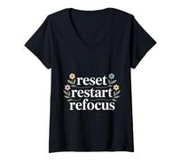 Donna Reset Restart Refocus Growth Productivity Mindset - Maglietta con Collo a V