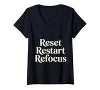 Donna Reset Restart Refocus Growth Productivity Mindset - Maglietta con Collo a V