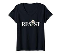 Donna RESIST Floreale Anti Trump Protesta Politica Maglietta con Collo a V