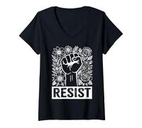 Donna Resistere | Solidarietà Pugno Fiore Protesta Equality Awarness Maglietta con Collo a V