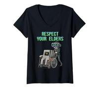 Donna Respect Your Elders Retro Computer Gamer Girl Fun VR Gaming Maglietta con Collo a V