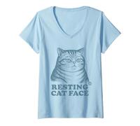 Donna Resting Cat Face Maglietta con Collo a V