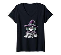 Donna Resting Witch Face Divertente Halloween Moderno Sarcastico Citazione Maglietta con Collo a V