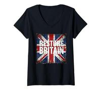 Donna Restore Britain - Flag UK Conservative Graphic Grunge Maglietta con Collo a V